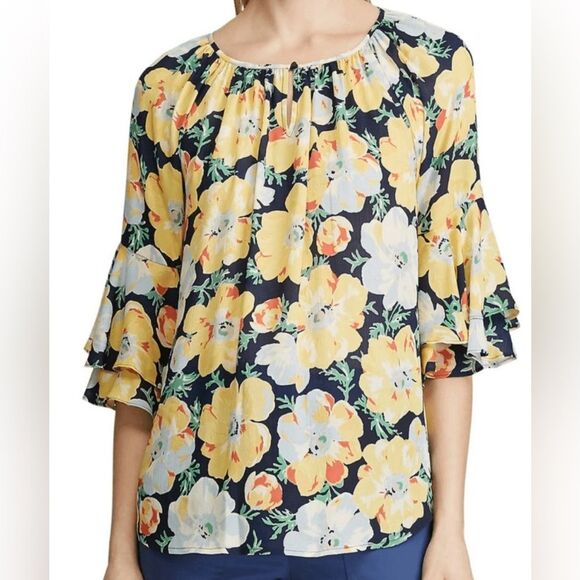 Chaps beautiful, comfortable and flowing floral ruffle sleeve peasant blouse - Picture 1 of 5